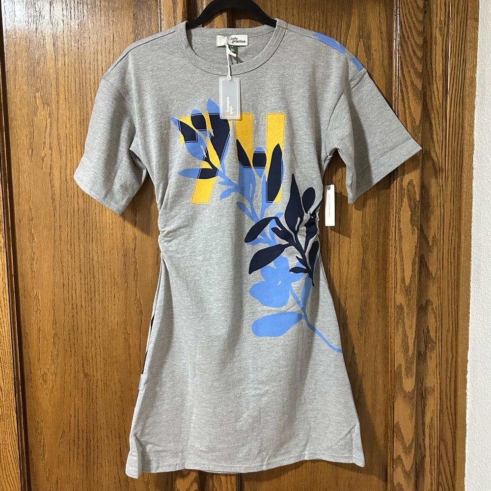 NWT Anthropologie Daily Practice Grey Graphic Mini Tee Shirt Dress Casual Sz XS